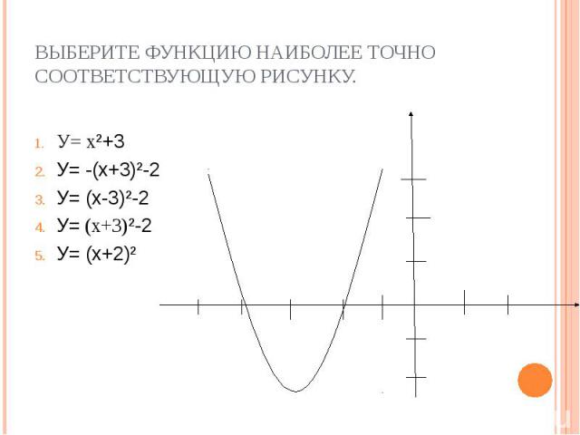 У= х²+3 У= х²+3 У= -(х+3)²-2 У= (х-3)²-2 У= (х+3)²-2 У= (х+2)²