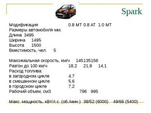 Spark Модификация 0.8 MT 0.8 AT 1.0 MT Размеры автомобиля мм. Длина 3495 Ширина