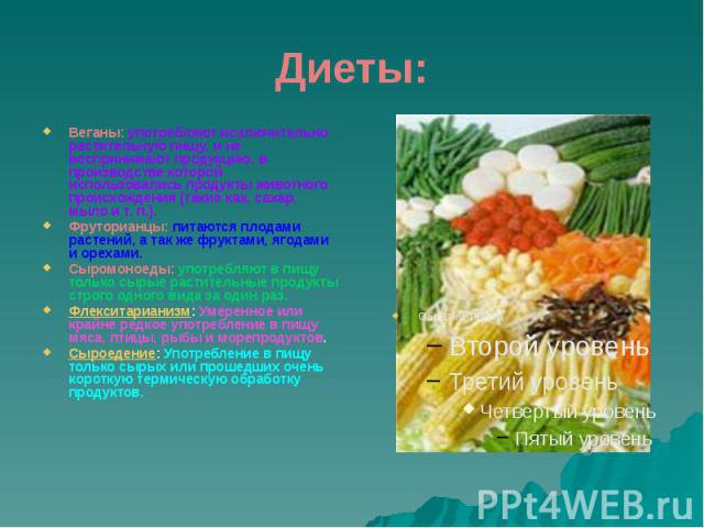 Диеты: Веганы: употребляют исключительно растительную пищу, и не воспринимают продукцию, в производстве которой использовались продукты животного происхождения (такие как, сахар, мыло и т. п.). Фруторианцы: питаются плодами растений, а так…