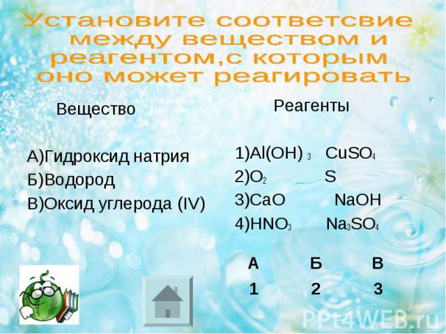 Вещество Вещество А)Гидроксид натрия Б)Водород В)Оксид углерода (IV)