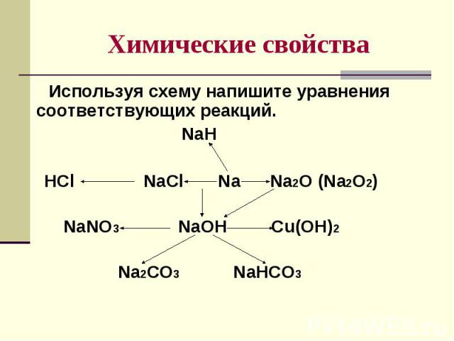 Используя схему напишите уравнения соответствующих реакций. Используя схему напишите уравнения соответствующих реакций. NaH HCl NaCl Na Na2O (Na2O2) NaNO3 NaOH Cu(OH)2 Na2CO3 NaHCO3