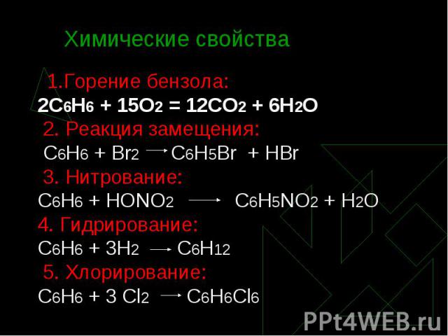 1.Горение бензола: 1.Горение бензола: 2С6Н6 + 15О2 = 12СО2 + 6Н2О 2. Реакция замещения: С6Н6 + Br2 C6H5Br + HBr 3. Нитрование: С6Н6 + НОNО2 С6Н5NО2 + Н2О 4. Гидрирование: С6Н6 + 3Н2 С6Н12 5. Хлорирование: С6Н6 + 3 Cl2 C6H6Cl6