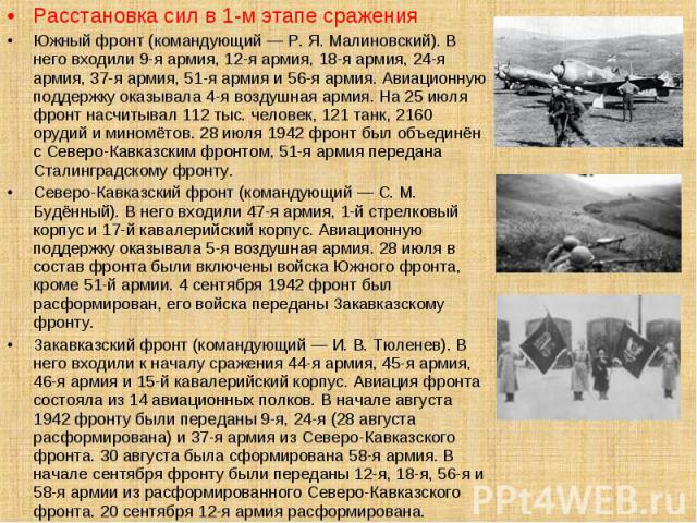 Расстановка сил в 1-м этапе сражения Расстановка сил в 1-м этапе сражения Южный фронт (командующий — Р. Я. Малиновский). В него входили 9-я армия, 12-я армия, 18-я армия, 24-я армия, 37-я армия, 51-я армия и 56-я армия. Авиационную поддержку оказыва…