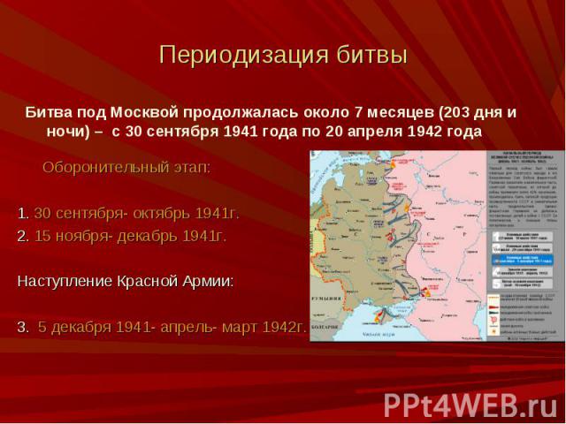 Оборонительный этап: Оборонительный этап: 1. 30 сентября- октябрь 1941г. 2. 15 ноября- декабрь 1941г. Наступление Красной Армии: 3. 5 декабря 1941- апрель- март 1942г.