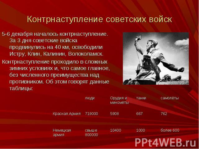 5-6 декабря началось контрнаступление. За 3 дня советские войска продвинулись на 40 км, освободили Истру, Клин, Калинин, Волоколамск. 5-6 декабря началось контрнаступление. За 3 дня советские войска продвинулись на 40 км, освободили Истру, Клин, Кал…