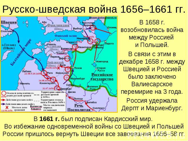 В 1658 г. возобновилась война между Россией и Польшей. В 1658 г. возобновилась война между Россией и Польшей. В связи с этим в декабре 1658 г. между Швецией и Россией было заключено Валиесарское перемирие на 3 года. Россия удержала Дерпт и Мариенбург.