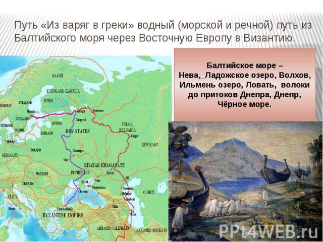 Путь «Из варяг в греки» водный (морской и речной) путь из Балтийского моря через Восточную Европу в Византию.