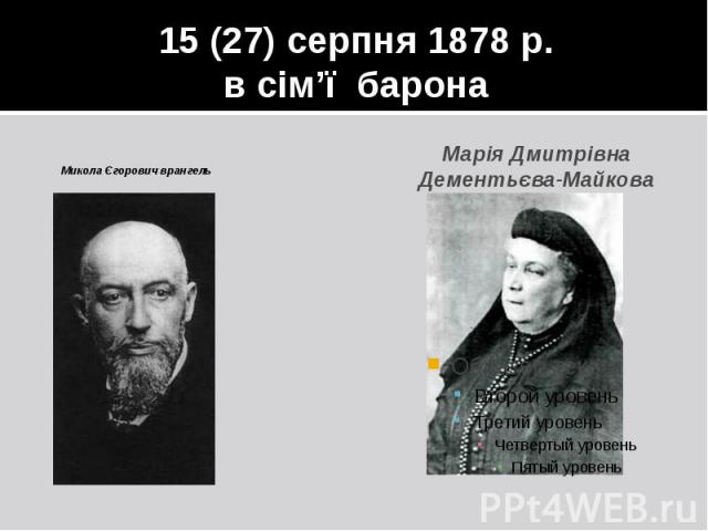 15 (27) серпня 1878 р. в сім’ї барона Микола Єгорович врангель