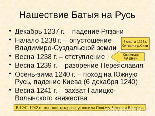 Нашествие Батыя на Русь Декабрь 1237 г. – падение Рязани Начало 1238 г. – опусто