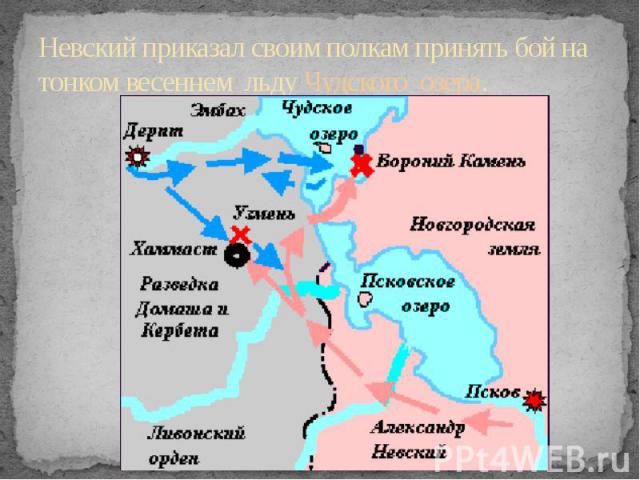 Невский приказал своим полкам принять бой на тонком весеннем льду Чудского озера.