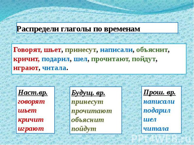 Распредели глаголы по временам Говорят, шьет, принесут, написали, объяснит, кричит, подарил, шел, прочитают, пойдут, играют, читала.