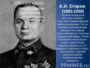 А.И. Егоров (1883-1939) Окончил Юнкерское пехотное училище. Участник Первой миро