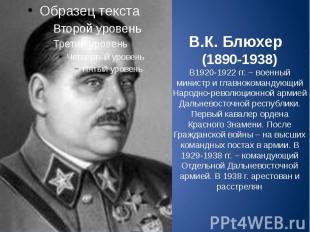 В.К. Блюхер (1890-1938) В1920-1922 гг. – военный министр и главнокомандующий Нар