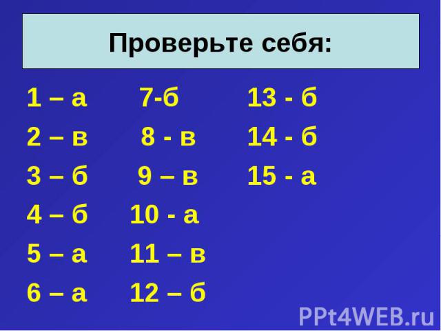 1 – а 7-б 13 - б 1 – а 7-б 13 - б 2 – в 8 - в 14 - б 3 – б 9 – в 15 - а 4 – б 10 - а 5 – а 11 – в 6 – а 12 – б
