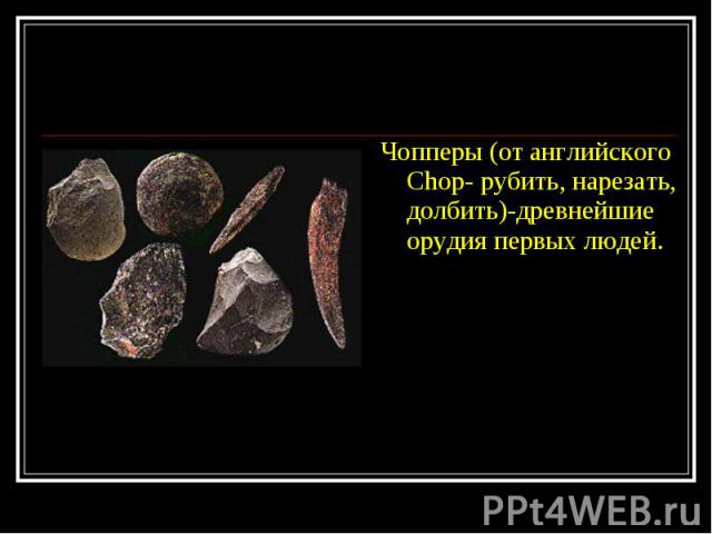 Чопперы (от английского Chop- рубить, нарезать, долбить)-древнейшие орудия первых людей. Чопперы (от английского Chop- рубить, нарезать, долбить)-древнейшие орудия первых людей.