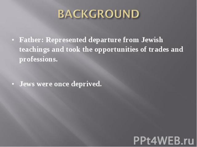 Father: Represented departure from Jewish teachings and took the opportunities of trades and professions. Father: Represented departure from Jewish teachings and took the opportunities of trades and professions. Jews were once deprived.