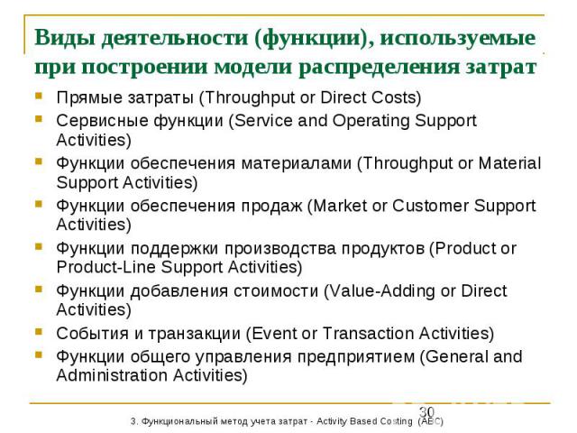 Виды деятельности (функции), используемые при построении модели распределения затрат Прямые затраты (Throughput or Direct Costs) Сервисные функции (Service and Operating Support Activities) Функции обеспечения материалами (Throughput or Material Sup…