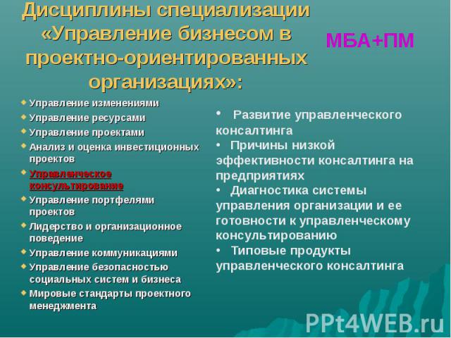 Управление изменениями Управление изменениями Управление ресурсами Управление проектами Анализ и оценка инвестиционных проектов Управленческое консультирование Управление портфелями проектов Лидерство и организационное поведение Управление коммуника…