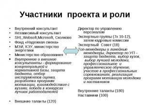 Участники проекта и роли Внутренний консультант Независимый консультант SHL,Webs