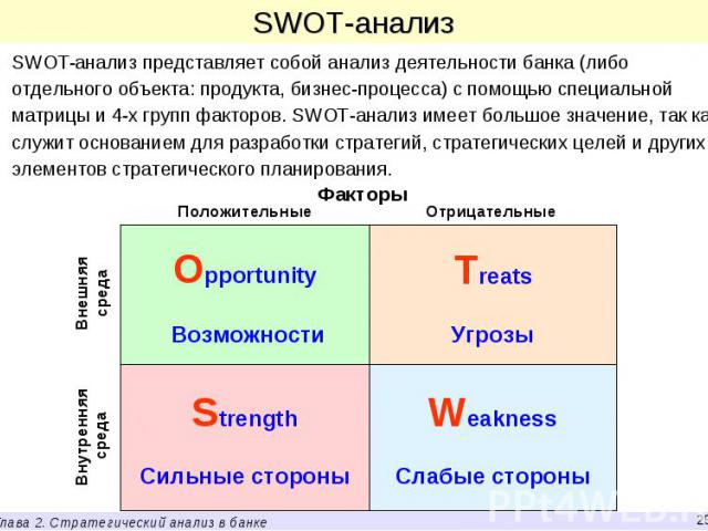 SWOT-анализ представляет собой анализ деятельности банка (либо отдельного объекта: продукта, бизнес-процесса) с помощью специальной матрицы и 4-х групп факторов. SWOT-анализ имеет большое значение, так как служит основанием для разработки стратегий,…
