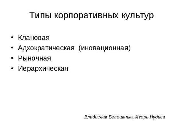 Клановая Клановая Адхократическая (иновационная) Рыночная Иерархическая Владислав Белошапка, Игорь Нудьга