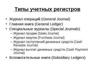 Типы учетных регистров Журнал операций (General Journal) Главная книга (General