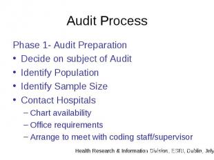 Audit Process Phase 1- Audit Preparation Decide on subject of Audit Identify Pop