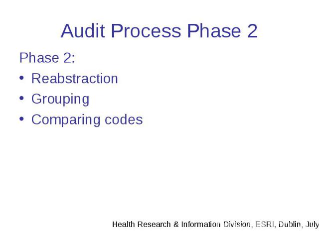 Audit Process Phase 2 Phase 2: Reabstraction Grouping Comparing codes