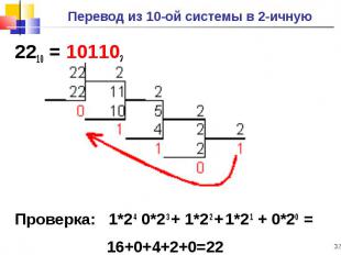 2210 = 101102 2210 = 101102 Проверка: 1*2 4 0*2 3 + 1*2 2 + 1*2 1 + 0*20 = 16+0+