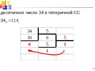 десятичное число 34 в пятеричной СС десятичное число 34 в пятеричной СС 3410 =11