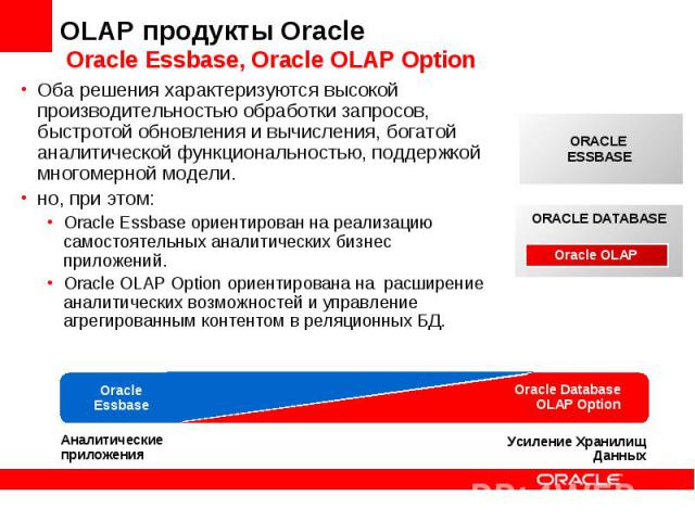 OLAP продукты Oracle Oracle Essbase, Oracle OLAP Option Оба решения характеризуются высокой производительностью обработки запросов, быстротой обновления и вычисления, богатой аналитической функциональностью, поддержкой многомерной модели. но, при эт…