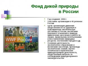 Фонд дикой природы в России Год создания: 1994 г. Участники: организации в 40 ре