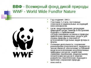 ВВФ - Всемирный фонд дикой природы WWF - World Wide Fundfor Nature Год создания:
