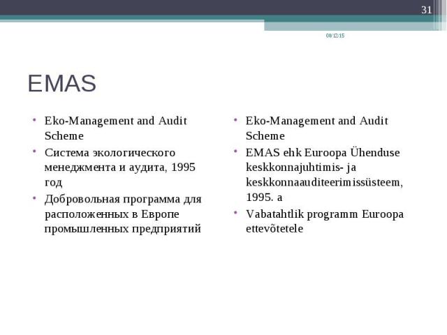 Eko-Management and Audit Scheme Eko-Management and Audit Scheme Система экологического менеджмента и аудита, 1995 год Добровольная программа для расположенных в Европе промышленных предприятий
