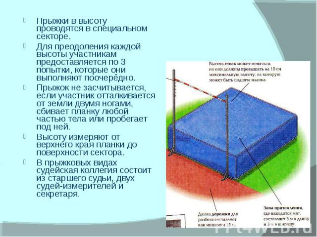 Прыжки в высоту проводятся в специальном секторе. Прыжки в высоту проводятся в специальном секторе. Для преодоления каждой высоты участникам предоставляется по 3 попытки, которые они выполняют поочерёдно. Прыжок не засчитывается, если участник оттал…