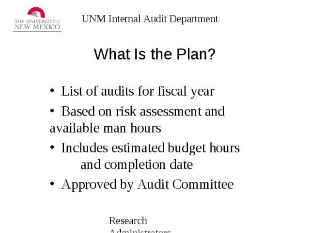 What Is the Plan? List of audits for fiscal year Based on risk assessment and available man hours Includes estimated budget hours and completion date Approved by Audit Committee