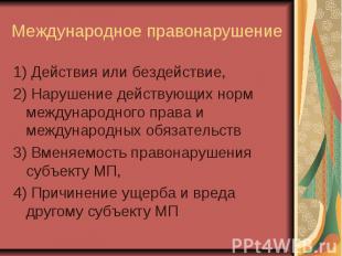 Международное правонарушение 1) Действия или бездействие, 2) Нарушение действующ