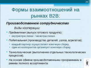 Производственное сотрудничество Производственное сотрудничество Виды кооперации: