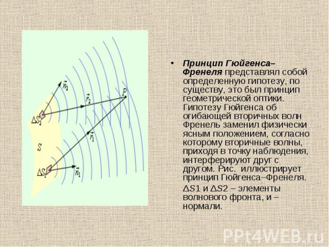 Принцип Гюйгенса–Френеля представлял собой определенную гипотезу, по существу, это был принцип геометрической оптики. Гипотезу Гюйгенса об огибающей вторичных волн Френель заменил физически ясным положением, согласно которому вторичные волны, приход…