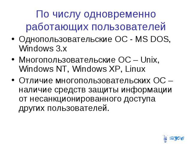 По числу одновременно работающих пользователей Однопользовательские ОС - MS DOS, Windows 3.x Многопользовательские ОС – Unix, Windows NT, Windows XP, Linux Отличие многопользовательских ОС – наличие средств защиты информации от несанкционированного …