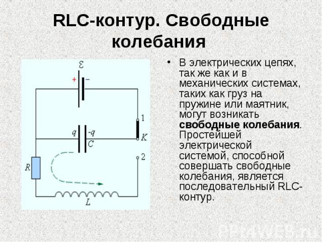 RLC-контур. Свободные колебания В электрических цепях, так же как и в механических системах, таких как груз на пружине или маятник, могут возникать свободные колебания. Простейшей электрической системой, способной совершать свободные колебания, явля…
