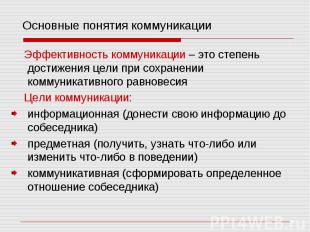 Основные понятия коммуникации Эффективность коммуникации – это степень достижени