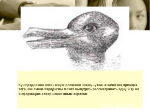 Кун предложил оптическую иллюзию «заяц—утка» в качестве примера того, как смена