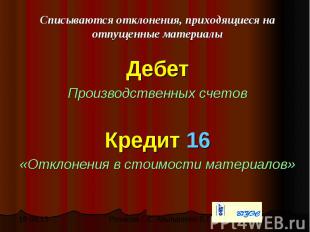 Списываются отклонения, приходящиеся на отпущенные материалы Списываются отклоне