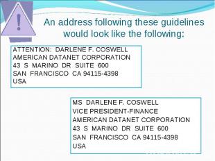 ATTENTION: DARLENE F. COSWELL ATTENTION: DARLENE F. COSWELL AMERICAN DATANET COR