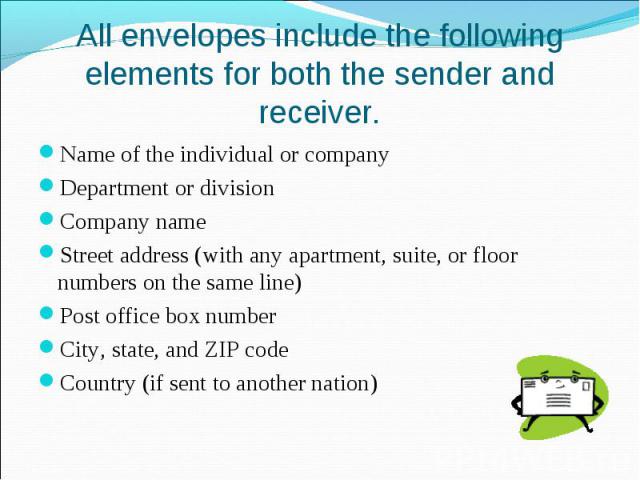 Name of the individual or company Name of the individual or company Department or division Company name Street address (with any apartment, suite, or floor numbers on the same line) Post office box number City, state, and ZIP code Country (if sent t…