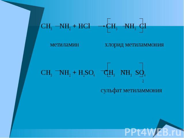 CH3 NH2 + HCl CH3 NH3 Cl CH3 NH2 + HCl CH3 NH3 Cl метиламин хлорид метиламмония CH3 NH2 + H2SO4 CH3 NH3 SO4 2 сульфат метиламмония