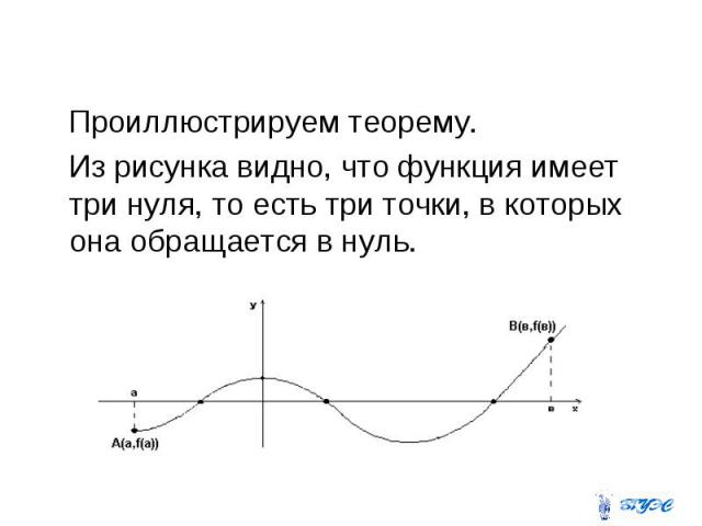 Свойства непрерывных на отрезке функций Проиллюстрируем теорему. Из рисунка видно, что функция имеет три нуля, то есть три точки, в которых она обращается в нуль.