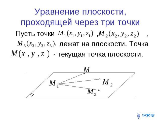 Уравнение плоскости, проходящей через три точки Пусть точки , , лежат на плоскости. Точка - текущая точка плоскости.