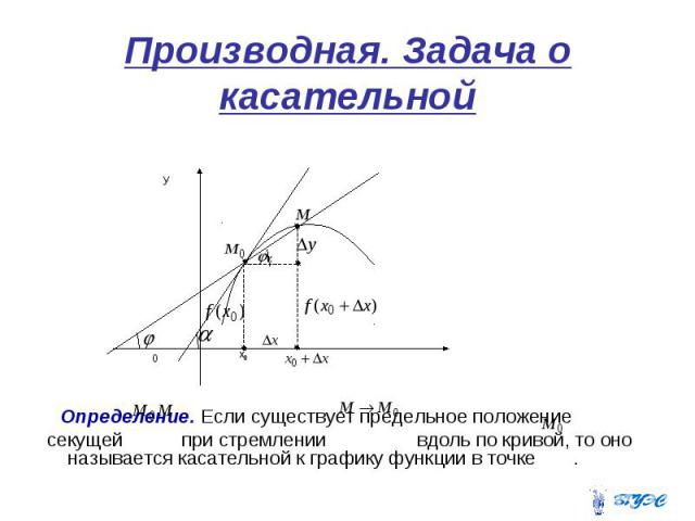 Производная. Задача о касательной Определение. Если существует предельное положение секущей при стремлении вдоль по кривой, то оно называется касательной к графику функции в точке .